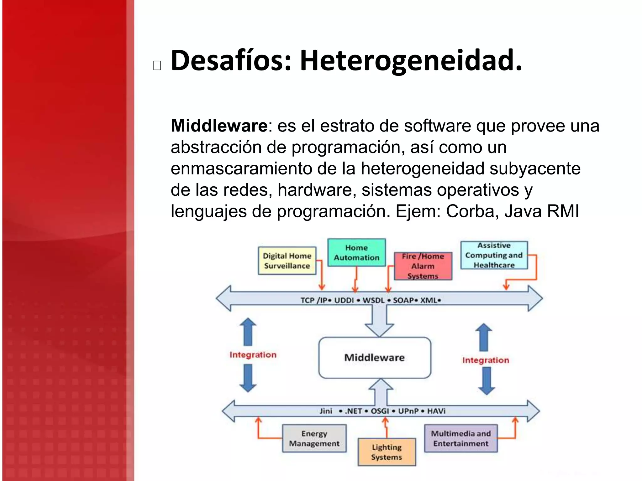 Desafíos: Heterogeneidad.
Middleware: es el estrato de software que provee una
abstracción de programación, así como un
enmascaramiento de la heterogeneidad subyacente
de las redes, hardware, sistemas operativos y
lenguajes de programación. Ejem: Corba, Java RMI
 