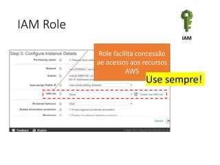IAM Role
IAM
Role facilita concessão
ae acessos aos recursos
AWS
Use sempre!
 