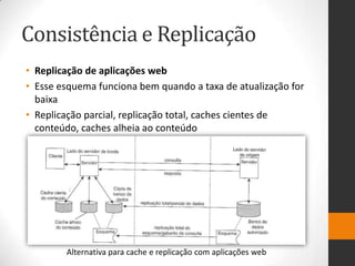Consistência e Replicação
• Replicação de aplicações web
• Esse esquema funciona bem quando a taxa de atualização for
baixa
• Replicação parcial, replicação total, caches cientes de
conteúdo, caches alheia ao conteúdo
Alternativa para cache e replicação com aplicações web
 