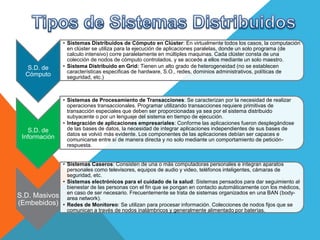S.D. de
Cómputo
• Sistemas Distribuidos de Cómputo en Clúster: En virtualmente todos los casos, la computación
en clúster se utiliza para la ejecución de aplicaciones paralelas, donde un solo programa (de
calculo intensivo) corre paralelamente en múltiples maquinas. Cada clúster consta de una
colección de nodos de cómputo controlados, y se accede a ellos mediante un solo maestro.
• Sistema Distribuido en Grid: Tienen un alto grado de heterogeneidad (no se establecen
características especificas de hardware, S.O., redes, dominios administrativos, políticas de
seguridad, etc.)
S.D. de
Información
• Sistemas de Procesamiento de Transacciones: Se caracterizan por la necesidad de realizar
operaciones transaccionales. Programar utilizando transacciones requiere primitivas de
transacción especiales que deben ser proporcionadas ya sea por el sistema distribuido
subyacente o por un lenguaje del sistema en tiempo de ejecución.
• Integración de aplicaciones empresariales: Conforme las aplicaciones fueron desplegándose
de las bases de datos, la necesidad de integrar aplicaciones independientes de sus bases de
datos se volvió más evidente. Los componentes de las aplicaciones debían ser capaces e
comunicarse entre sí de manera directa y no solo mediante un comportamiento de petición-
respuesta.
S.D. Masivos
(Embebidos)
• Sistemas Caseros: Consisten de una o más computadoras personales e integran aparatos
personales como televisores, equipos de audio y video, teléfonos inteligentes, cámaras de
seguridad, etc.
• Sistemas electrónicos para el cuidado de la salud: Sistemas pensados para dar seguimiento al
bienestar de las personas con el fin que se pongan en contacto automáticamente con los médicos,
en caso de ser necesario. Frecuentemente se trata de sistemas organizados en una BAN (body-
area network).
• Redes de Monitoreo: Se utilizan para procesar información. Colecciones de nodos fijos que se
comunican a través de nodos inalámbricos y generalmente alimentado por baterías.
 