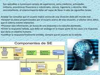 Son aplicables a numerosos campos de experiencia, como medicina, actividades
militares, económicas financieras e industriales, ciencia, ingeniería, y derecho. Más
concretamente, el sistema experto debe ser capaz de llevar a cabo las siguientes tareas:
Aceptar las consultas que el usuario realice acerca de una situación dada del mundo real.
•Aceptar los datos proporcionados por el usuario acerca de esta situación, y solicitar otros datos
que el sistema estime relevantes.
•Procesar esta información, en busca de una respuesta a la consulta planteada.
•Emitir la respuesta hallada, que debe ser análoga en la mayor parte de los casos a la respuesta
que daría un experto humano.
•Justificar la respuesta finalmente emitida, siempre que el usuario así lo solicite.
 