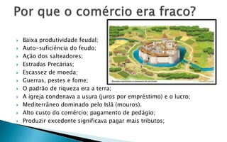    Baixa produtividade feudal;
   Auto-suficiência do feudo;
   Ação dos salteadores;
   Estradas Precárias;
   Escassez de moeda;
   Guerras, pestes e fome;
   O padrão de riqueza era a terra;
   A igreja condenava a usura (juros por empréstimo) e o lucro;
   Mediterrâneo dominado pelo Islã (mouros).
   Alto custo do comércio; pagamento de pedágio;
   Produzir excedente significava pagar mais tributos;
 