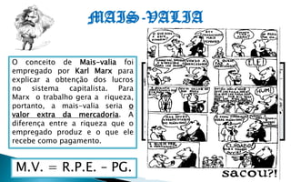 MAIS-VALIA

O conceito de Mais-valia foi
empregado por Karl Marx para
explicar a obtenção dos lucros
no sistema capitalista. Para
Marx o trabalho gera a riqueza,
portanto, a mais-valia seria o
valor extra da mercadoria. A
diferença entre a riqueza que o
empregado produz e o que ele
recebe como pagamento.


M.V. = R.P.E. – PG.
 