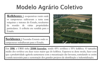 Kolkhozes :        cooperativas rurais onde
 os camponeses cultivavam a terra com
 máquinas e tratores do Estado, resultantes
 da reunião de várias propriedades
 particulares. A colheita era vendida para o
 Estado.


Sovkhozes : Fazendas Estatais onde os
camponeses trabalhavam para o Estado.

Em 1990, a URSS tinha 25500 fazendas, sendo 45% sovkhoz e 55% kolkhoz. O tamanho
médio dos sovkhoz era duas vezes maior que do kolkhoz. Esperava-se deste modo, fazer com
que a produtividade agrícola aumentasse com a mecanização das lavouras, cumulando-se assim
a renda necessária para a sustentação dos grandes projetos de eletrificação e industrialização.
 