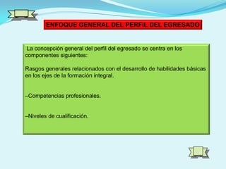 ENFOQUE GENERAL DEL PERFIL DEL EGRESADO
La concepción general del perfil del egresado se centra en los
componentes siguientes:
Rasgos generales relacionados con el desarrollo de habilidades básicas
en los ejes de la formación integral.
–Competencias profesionales.
–Niveles de cualificación.
 