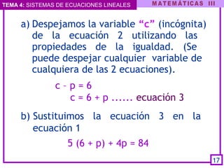 TEMA 4: SISTEMAS DE ECUACIONES LINEALES
a) Despejamos la variable “c” (incógnita)
de la ecuación 2 utilizando las
propiedades de la igualdad. (Se
puede despejar cualquier variable de
cualquiera de las 2 ecuaciones).
c – p = 6
c = 6 + p ...... ecuación 3
5 (6 + p) + 4p = 84
b) Sustituimos la ecuación 3 en la
ecuación 1
17
 
