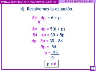 TEMA 4: SISTEMAS DE ECUACIONES LINEALES
    d) Resolvemos la ecuación.
84 – 4p  = 6 + p
5
84 – 4p = 5(6 + p)
 84 – 4p = 30 + 5p
-4p – 5p = 30 – 84   
-9p = -54   
p = -54
              -9       
p = 6
27
 