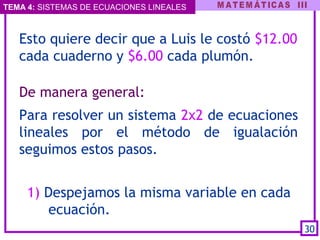 TEMA 4: SISTEMAS DE ECUACIONES LINEALES
 
 
Esto quiere decir que a Luis le costó $12.00
cada cuaderno y $6.00 cada plumón.
Para resolver un sistema 2x2 de ecuaciones
lineales por el método de igualación
seguimos estos pasos.
De manera general:
30
1) Despejamos la misma variable en cada
ecuación.
 