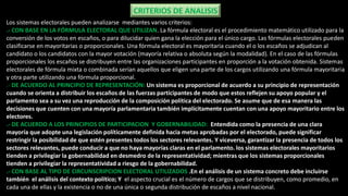CRITERIOS DE ANALISIS
Los sistemas electorales pueden analizarse mediantes varios criterios:
.- CON BASE EN LA FÓRMULA ELECTORAL QUE UTILIZAN. La fórmula electoral es el procedimiento matemático utilizado para la
conversión de los votos en escaños, o para dilucidar quien gana la elección para el único cargo. Las fórmulas electorales pueden
clasificarse en mayoritarias o proporcionales. Una fórmula electoral es mayoritaria cuando el o los escaños se adjudican al
candidato o los candidatos con la mayor votación (mayoría relativa o absoluta según la modalidad). En el caso de las fórmulas
proporcionales los escaños se distribuyen entre las organizaciones participantes en proporción a la votación obtenida. Sistemas
electorales de fórmula mixta o combinada serían aquellos que eligen una parte de los cargos utilizando una fórmula mayoritaria
y otra parte utilizando una fórmula proporcional.
.- DE ACUERDO AL PRINCIPIO DE REPRESENTACIÓN: Un sistema es proporcional de acuerdo a su principio de representación
cuando se orienta a distribuir los escaños de las fuerzas participantes de modo que estos reflejen su apoyo popular y el
parlamento sea a su vez una reproducción de la composición política del electorado. Se asume que de esa manera las
decisiones que cuenten con una mayoría parlamentaria también implícitamente cuentan con una apoyo mayoritario entre los
electores.
.- DE ACUERDO A LOS PRINCIPIOS DE PARTICIPACION Y GOBERNABILIDAD: Entendida como la presencia de una clara
mayoría que adopte una legislación políticamente definida hacia metas aprobadas por el electorado, puede significar
restringir la posibilidad de que estén presentes todos los sectores relevantes. Y viceversa, garantizar la presencia de todos los
sectores relevantes, puede conducir a que no haya mayorías claras en el parlamento. los sistemas electorales mayoritarios
tienden a privilegiar la gobernabilidad en desmedro de la representatividad; mientras que los sistemas proporcionales
tienden a privilegiar la representatividad a riesgo de la gobernabilidad.
.- CON BASE AL TIPO DE CIRCUNSCRIPCION ELECTORAL UTILIZADOS .En el análisis de un sistema concreto debe incluirse
también el análisis del contexto político; Y el aspecto crucial es el número de cargos que se distribuyen, como promedio, en
cada una de ellas y la existencia o no de una única o segunda distribución de escaños a nivel nacional.
 