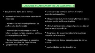 FUNCIONES Y CLASIFICACION DE LAS ELECCIONES II
* Reclutamiento de las élites políticas
• Representación de opiniones e intereses del
electorado
* Ajuste de las instituciones políticas a las
preferencias de electorado
* Movilización del electorado en torno a
valores sociales, metas y programas políticos,
intereses político-partidistas
* Concientización política de la población
mediante la explicación de problemas
• y exposición de alternativas
* Canalización de conflictos políticos mediante
procedimientos pacíficos
* Integración de la pluralidad social y formación de una
voluntad común políticamente viable
* Estímulo de la competencia por el poder con base en
alternativas programáticas
* Designación del gobierno mediante formación de
mayorías parlamentarias
* Establecimiento de una oposición capaz de ejercer
control
* oportunidad de cambio de gobierno.
 