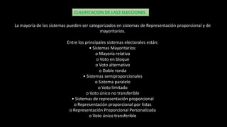 CLASIFICACION DE LAS2 ELECCIONES
La mayoría de los sistemas pueden ser categorizados en sistemas de Representación proporcional y de
mayoritarios.
Entre los principales sistemas electorales están:
• Sistemas Mayoritarios:
o Mayoría relativa
o Voto en bloque
o Voto alternativo
o Doble ronda
• Sistemas semiproporcionales
o Sistema paralelo
o Voto limitado
o Voto único no transferible
• Sistemas de representación proporcional
o Representación proporcional por listas
o Representación Proporcional Personalizada
o Voto único transferible
 