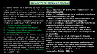 El sistema electoral es el conjunto de reglas que
estipula el procedimiento por el que los electores
votan y los votos se convierten en escaños en el caso
de los miembros del poder legislativo, o en cargos de
gobierno en caso de la elección del poder ejecutivo
(Nohlen 2008, 8).
Los sistemas electorales se componen de elementos o
variables que los configuran (Nohlen 2008, 9-13):2
1. Circunscripciones electorales
2. Formas de candidatura y de votación
3. Formas de conversión de votos en escaños
4. Barreras legales o umbrales
Además de los anteriores, pueden tomarse en cuenta
el número de escaños en disputa en cada
circunscripción, el umbral (El umbral real es una
proposición matemática que está vinculada al número
de escaños en disputa en cada circunscripción: a un
mayor número de escaños, un umbral real menor y a
un menor número de escaños, un umbral real mayor
real o efectivo) y el 5. TAMAÑO DE LA ASAMBLEA
(Lijphart 1994, 10-15).
ELEMENTOS DEL SISTEMA ELECTORAL
EJEMPLO:
FORMAS DE LISTAS DE CANDIDATURAS Y PROCEDIMIENTOS DE
VOTACIÓN ASOCIADOS
Si la lista es Cerrada y bloqueada: No se puede alterar el orden de
aparición de los candidatos en la lista.
… Entonces el elector… Dispone de un sólo voto, con el que elige
una lista de candidatos fija propuesta por cada partido.
Si la lista es Cerrada y no bloqueada: Se puede alterar el orden de
los candidatos en la lista propuesta por el partido.
… Entonces el elector… Dispone de un voto para elegir a un
candidato dentro de la lista de un partido. Es decir, el elector
puede cambiar el orden de prelación de los candidatos propuestos
por los partidos.
Si la lista es Abierta (no cerrada y no bloqueada): Se puede
conformar una lista distinta de la originalmente propuesta por los
partidos.
… Entonces el elector… Dispone de dos votos, por lo menos: uno
para la lista del partido y otro para un candidato dentro de esa
lista. 2. Dispone de varios votos y puede confeccionar su propia
lista a partir de las propuestas de los partidos.
Fuente: Nohlen 2008,11; y 2004, 67.
 