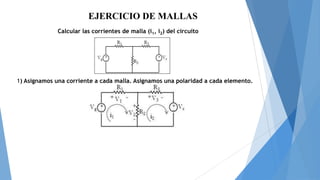 EJERCICIO DE MALLAS
Calcular las corrientes de malla (i1, i2) del circuito

1) Asignamos una corriente a cada malla. Asignamos una polaridad a cada elemento.

 