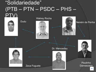 “Solidariedade”
(PTB – PTN – PSDC – PHS –
PTV)         Walney Rocha
     Dudu                              Neném da Penha




                       Dr. Wenceslau




                                          Paulinho
        Zeca Foguete                     Damasceno
 