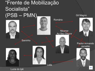“Frente de Mobilização
Socialista”
(PSB – PMN)                                     Gil Magno
                              Romário



                                   Nicanor
                                Ao Seu Dispor

            Baninho
                                                Pastor Armando
                                                   Jamelão




                      Laila
  Lucia do Ipê
 