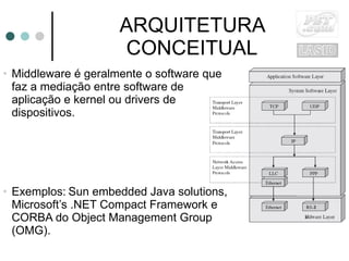 ARQUITETURA CONCEITUAL Middleware é geralmente o software que faz a mediação entre software de aplicação e kernel ou drivers de dispositivos. Exemplos:   Sun embedded Java solutions, Microsoft’s  .NET Compact Framework e CORBA do Object Management Group (OMG). 