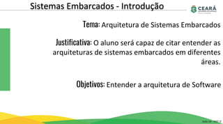 Sistemas Embarcados - Introdução
Aula 02 - GST II
Tema: Arquitetura de Sistemas Embarcados
Justificativa: O aluno será capaz de citar entender as
arquiteturas de sistemas embarcados em diferentes
áreas.
Objetivos: Entender a arquitetura de Software
 
