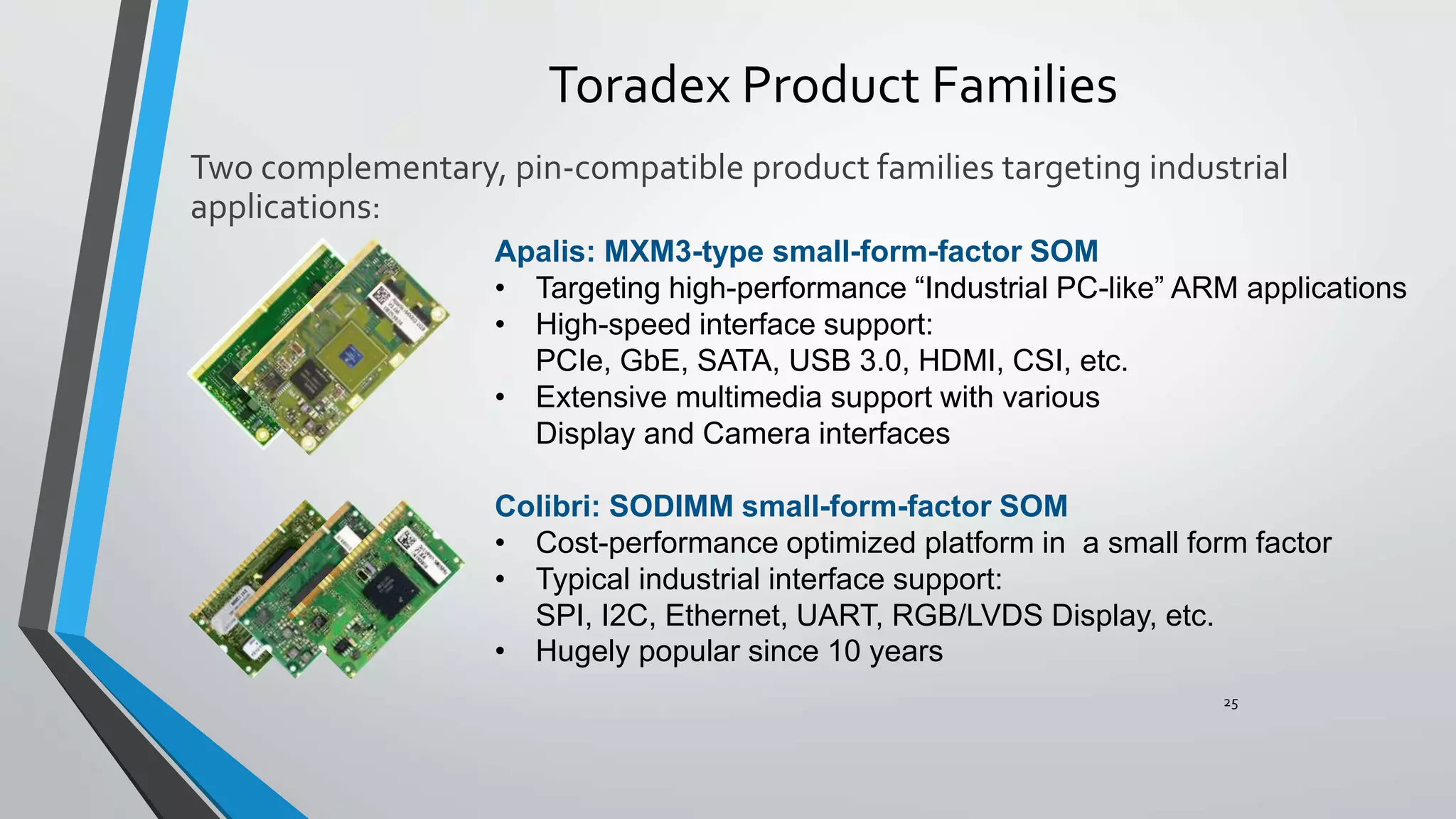 Two complementary, pin-compatible product families targeting industrial
applications:
25
Toradex Product Families
Apalis: MXM3-type small-form-factor SOM
• Targeting high-performance “Industrial PC-like” ARM applications
• High-speed interface support:
PCIe, GbE, SATA, USB 3.0, HDMI, CSI, etc.
• Extensive multimedia support with various
Display and Camera interfaces
Colibri: SODIMM small-form-factor SOM
• Cost-performance optimized platform in a small form factor
• Typical industrial interface support:
SPI, I2C, Ethernet, UART, RGB/LVDS Display, etc.
• Hugely popular since 10 years
 