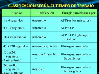 CLASIFICACIÓN SEGÚN EL TIEMPO DE TRABAJO 
Duración Clasificación Energía suministrada por 
1 a 4 segundos Anaerobio ATP (en los músculos) 
4 a 10 segundos Anaerobio ATP + CP 
10 a 45 segundos Anaerobio 
ATP + CP + glucógeno 
muscular 
45 a 120 segundos Anaeróbica, láctica Glucógeno muscular 
120 a 240 
segundos 
(2min a 4min) 
Aerobio Anaerobio 
+ 
Glucógeno muscular + 
ácido láctico 
240 a 600 
segundos 
(4min a 10min) 
Aerobico 
Glucógeno muscular + 
ácidos grasos 
 