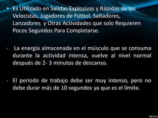 • Es Utilizado en Salidas Explosivas y Rápidas de los 
Velocistas, Jugadores de Fútbol, Saltadores, 
Lanzadores y Otras Actividades que solo Requieren 
Pocos Segundos Para Completarse. 
• La energía almacenada en el músculo que se consuma 
durante la actividad intensa, vuelve al nivel normal 
después de 2- 3 minutos de descanso. 
• El período de trabajo debe ser muy intenso, pero no 
debe durar más de 10 segundos ya que es el límite. 
 