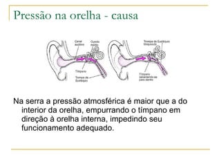Pressão na orelha - causa




Na serra a pressão atmosférica é maior que a do
  interior da orelha, empurrando o tímpano em
  direção à orelha interna, impedindo seu
  funcionamento adequado.
 