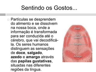 Sentindo os Gostos...
 Partículas se desprendem
do alimento e se dissolvem
na nossa boca, onde a
informação é transformada
para ser conduzida até o
cérebro, que vai decodificá-
la. Os seres humanos
distinguem as sensações
de doce, salgado,
azedo e amargo através
das papilas gustativas,
situadas nas diferentes
regiões da língua.
 