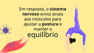 equilíbrio
Em resposta, o sistema
nervoso envia sinais
aos músculos para
ajustar a postura e
manter o
 
