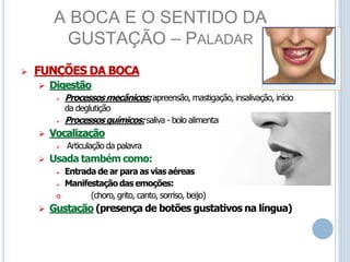 A BOCA E O SENTIDO DA
GUSTAÇÃO – PALADAR
 FUNÇÕES DA BOCA
 Digestão
 Processosmecânicos:apreensão, mastigação, insalivação, início
da deglutição
 Processosquímicos: saliva - bolo alimentar
 Vocalização
 Articulação da palavra
 Usada também como:
 Entrada de ar para as vias aéreas
 Manifestação das emoções:
 (choro, grito, canto, sorriso, beijo)
 Gustação (presença de botões gustativos na língua)
 