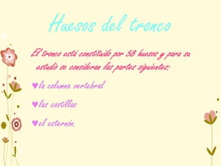Huesos del tronco
El tronco está constituido por 58 huesos y para su
estudio se consideran las partes siguientes:
la columna vertebral
las costillas
el esternón.
 