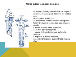 El pozo (o tanque) séptico debe ser limpiado
cada 3 a 5 años para remover los sólidos
que
se acumulan en el fondo.
Si no cuida su sistema séptico, este puede
fallar. Un sistema séptico que está fallando
puede:
• reducir el valor de su propiedad,
• ser muy caro el repararlo,
• causar enfermedades para su familia y
vecinos,
• degradar el medio ambiente,
especialmente aguas subterráneas, lagos y
ríos.
Como cuidar los posos sépticos
 