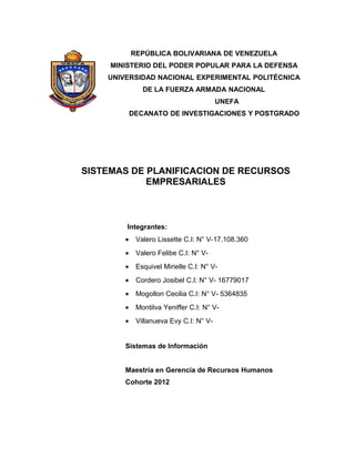 REPÚBLICA BOLIVARIANA DE VENEZUELA
MINISTERIO DEL PODER POPULAR PARA LA DEFENSA
UNIVERSIDAD NACIONAL EXPERIMENTAL POLITÉCNICA
DE LA FUERZA ARMADA NACIONAL
UNEFA
DECANATO DE INVESTIGACIONES Y POSTGRADO
SISTEMAS DE PLANIFICACION DE RECURSOS
EMPRESARIALES
Integrantes:
• Valero Lissette C.I: N° V-17.108.360
• Valero Felibe C.I: N° V-
• Esquivel Mirielle C.I: N° V-
• Cordero Josibel C.I: N° V- 16779017
• Mogollon Cecilia C.I: N° V- 5364835
• Montilva Yeniffer C.I: N° V-
• Villanueva Evy C.I: N° V-
Sistemas de Información
Maestría en Gerencia de Recursos Humanos
Cohorte 2012
 