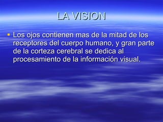 LA VISION Los ojos contienen mas de la mitad de los receptores del cuerpo humano, y gran parte de la corteza cerebral se dedica al procesamiento de la información visual. 