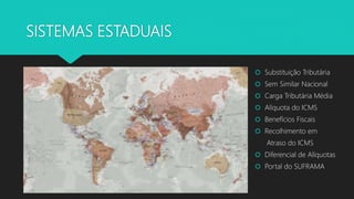 SISTEMAS ESTADUAIS
 Substituição Tributária
 Sem Similar Nacional
 Carga Tributária Média
 Alíquota do ICMS
 Benefícios Fiscais
 Recolhimento em
Atraso do ICMS
 Diferencial de Alíquotas
 Portal do SUFRAMA
 