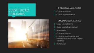SUBSTITUIÇÃO
TRIBUTÁRIA
SISTEMAS PARA CONSULTAS
 Operação Interna
 Operação Interestadual
SIMULADORES DE CÁLCULO
 Carga Média Interna
 Carga Média Interestadual
 Antecipação
 Operação Interna
 Operação Interestadual (RPA,
Diferencial de Alíquota e Simples
Nacional)
 Pauta Fiscal
 