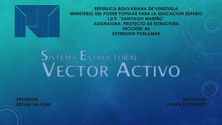 REPUBLICA BOLIVARIANA DE VENEZUELA
MINISTERIO DEL PODER POPULAR PARA LA EDUCACION SUPERIO
I.U.P. ¨SANTIAGO MARIÑO¨
ASIGNATURA: PROYECTO DE ESTRUCTURA
SECCION: 4a
EXTENSION PORLAMAR
BACHILLER:
JOHAN RODRIGUEZ
PROFESOR:
EDGAR SALAZAR
 