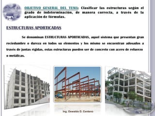ESTRUCTURAS APORTICADAS Se denominan ESTRUCTURAS APORTICADAS, aquel sistema que presentan gran reciedumbre o dureza en todos su elementos y los mismo se encuentran adosados a través de juntas rígidas, estas estructuras pueden ser de concreto con acero de refuerzo  o metálicas. Ing. Oswaldo D. Centeno 