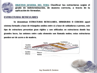 ESTRUCTURAS RETICULARES Se denominan ESTRUCTURAS RETICULARES, ARMADURAS O CERCHAS aquel sistema formado a base de triángulos unidos entre si a base de soldaduras o pernos, este tipo de estructura presentan gran rigidez y son utilizadas en estructuras donde hay grandes luces, las uniones entre cada elemento son llamada nodos; estas estructuras pueden ser de acero o de madera. Ing. Oswaldo D. Centeno Cordón Superior Techo Gancho Correa Cumbrera Cordón Inferior Placa o Nodos Canaleta 