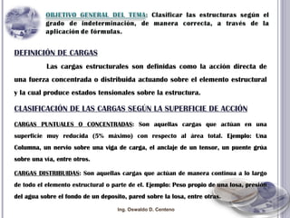DEFINICIÓN DE CARGAS   Las cargas estructurales son definidas como la acción directa de una fuerza concentrada o distribuida actuando sobre el elemento estructural y la cual produce estados tensionales sobre la estructura. CLASIFICACIÓN DE LAS CARGAS SEGÚN LA SUPERFICIE DE ACCIÓN CARGAS PUNTUALES O CONCENTRADAS : Son aquellas cargas que actúan en una superficie muy reducida (5% máximo) con respecto al área total.  Ejemplo: Una Columna, un nervio sobre una viga de carga, el anclaje de un tensor, un puente grúa sobre una vía, entre otros. CARGAS DISTRIBUIDAS : Son aquellas cargas que actúan de manera continua a lo largo de todo el elemento estructural o parte de el.  Ejemplo: Peso propio de una losa, presión del agua sobre el fondo de un deposito, pared sobre la losa, entre otras. Ing. Oswaldo D. Centeno 