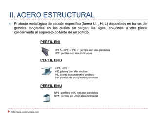 II. ACERO ESTRUCTURALProducto metalúrgico de sección específica (forma U, I, H, L) disponibles en barras de grandes longitudes en los cuales se cargan las vigas, columnas u otra pieza concerniente al esqueleto portante de un edificio. PERFIL EN IIPE A – IPE – IPE O: perfiles con alas paralelasIPN: perfiles con alas inclinadasPERFIL EN HHEA, HEBHD: pilares con alas anchasHL: pilares con alas extra anchasHP: perfiles de alas y caras paralelasPERFIL EN UUPE : perfiles en U con alas paralelasUPN: perfiles en U con alas inclinadashttp://www.constructalia.com