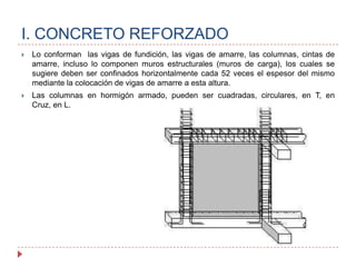 I. CONCRETO REFORZADOLo conforman  las vigas de fundición, las vigas de amarre, las columnas, cintas de amarre, incluso lo componen muros estructurales (muros de carga), los cuales se sugiere deben ser confinados horizontalmente cada 52 veces el espesor del mismo mediante la colocación de vigas de amarre a esta altura. Las columnas en hormigón armado, pueden ser cuadradas, circulares, en T, en Cruz, en L.  