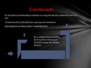 Combinado
En el sistema combinado es realizar un conjunto de dos subtemas como lo
son
el estructural y el de pórticos para que así resistan a
ESFUERSOS de TRACCION Y COMPRECION



                               Es u sistema muy complejo
                               En el cual los sistemas se
                               Complementan de manera
                               Directa.
 