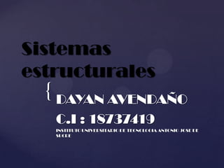 Sistemas
estructurales
  { DAYAN AVENDAÑO
   C.I : 18737419
   INSTITUTO UNIVERSITARIO DE TECNOLOGIA ANTONIO JOSE DE
   SUCRE
 