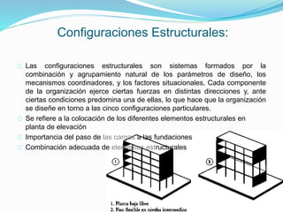 Las configuraciones estructurales son sistemas formados por la
combinación y agrupamiento natural de los parámetros de diseño, los
mecanismos coordinadores, y los factores situacionales, Cada componente
de la organización ejerce ciertas fuerzas en distintas direcciones y, ante
ciertas condiciones predomina una de ellas, lo que hace que la organización
se diseñe en torno a las cinco configuraciones particulares.
Se refiere a la colocación de los diferentes elementos estructurales en
planta de elevación
Importancia del paso de las cargas a las fundaciones
Combinación adecuada de elementos estructurales
Configuraciones Estructurales:
 
