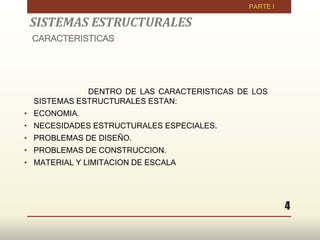 SISTEMAS ESTRUCTURALES
DENTRO DE LAS CARACTERISTICAS DE LOS
SISTEMAS ESTRUCTURALES ESTAN:
• ECONOMIA.
• NECESIDADES ESTRUCTURALES ESPECIALES.
• PROBLEMAS DE DISEÑO.
• PROBLEMAS DE CONSTRUCCION.
• MATERIAL Y LIMITACION DE ESCALA
CARACTERISTICAS
4
 