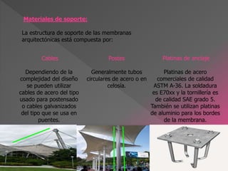 Materiales de soporte:
La estructura de soporte de las membranas
arquitectónicas está compuesta por:
Cables
Dependiendo de la
complejidad del diseño
se pueden utilizar
cables de acero del tipo
usado para postensado
o cables galvanizados
del tipo que se usa en
puentes.
Postes
Generalmente tubos
circulares de acero o en
celosía.
Platinas de anclaje
Platinas de acero
comerciales de calidad
ASTM A-36. La soldadura
es E70xx y la tornillería es
de calidad SAE grado 5.
También se utilizan platinas
de aluminio para los bordes
de la membrana.
 