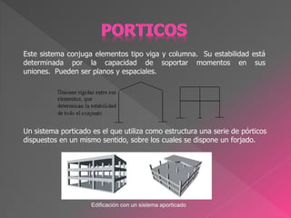 Este sistema conjuga elementos tipo viga y columna. Su estabilidad está
determinada por la capacidad de soportar momentos en sus
uniones. Pueden ser planos y espaciales.
Un sistema porticado es el que utiliza como estructura una serie de pórticos
dispuestos en un mismo sentido, sobre los cuales se dispone un forjado.
Edificación con un sistema aporticado
 