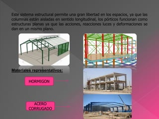 Este sistema estructural permite una gran libertad en los espacios, ya que las
columnas están aisladas en sentido longitudinal, los pórticos funcionan como
estructuras planas ya que las acciones, reacciones luces y deformaciones se
dan en un mismo plano.
Materiales representativos:
ACERO
CORRUGADO
HORMIGON
 
