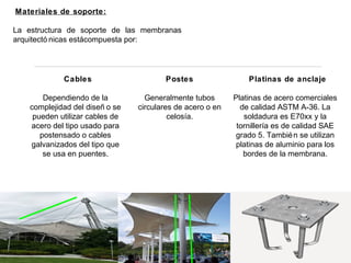 Materiales de soporte:
La estructura de soporte de las membranas
arquitectó nicas estácompuesta por:
Cables
Dependiendo de la
complejidad del diseñ o se
pueden utilizar cables de
acero del tipo usado para
postensado o cables
galvanizados del tipo que
se usa en puentes.
Postes
Generalmente tubos
circulares de acero o en
celosía.
Platinas de anclaje
Platinas de acero comerciales
de calidad ASTM A-36. La
soldadura es E70xx y la
tornillería es de calidad SAE
grado 5. También se utilizan
platinas de aluminio para los
bordes de la membrana.
 