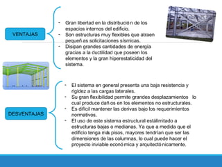 - Gran libertad en la distribució n de los
espacios internos del edificio.
- Son estructuras muy flexibles que atraen
pequeñ as solicitaciones sísmicas.
- Disipan grandes cantidades de energía
gracias a la ductilidad que poseen los
elementos y la gran hiperestaticidad del
sistema.
VENTAJAS
DESVENTAJAS
- El sistema en general presenta una baja resistencia y
rigidez a las cargas laterales.
- Su gran flexibilidad permite grandes desplazamientos lo
cual produce dañ os en los elementos no estructurales.
- Es difícil mantener las derivas bajo los requerimientos
normativos.
- El uso de este sistema estructural estálimitado a
estructuras bajas o medianas. Ya que a medida que el
edificio tenga más pisos, mayores tendrían que ser las
dimensiones de las columnas, lo cual puede hacer el
proyecto inviable econó mica y arquitectó nicamente.
 
