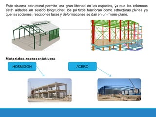 Este sistema estructural permite una gran libertad en los espacios, ya que las columnas
están aisladas en sentido longitudinal, los pó rticos funcionan como estructuras planas ya
que las acciones, reacciones luces y deformaciones se dan en un mismo plano.
Materiales representativos:
ACEROHORMIGON
 